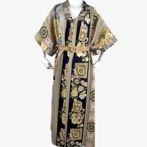 Vintage 1970s Renaissance Print Dressing Gown Lounge Robe Silky Rich Gold Scroll